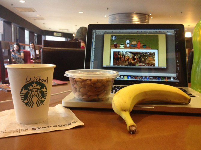 Starbucks.  Bananas.  Almonds.  Double Espresso.  Internet.  Malaysia wins!